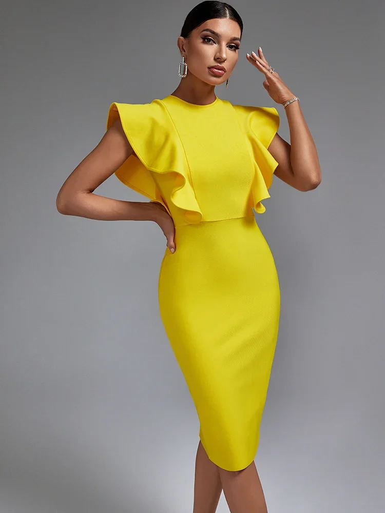 Yellow Bandage Dress Women Midi Party Dress Bodycon Elegant Ruffle Sexy Evening Birthday Club Outfits Summer 2023