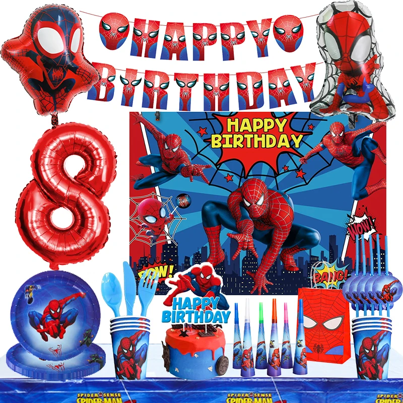 Suministros de fiesta de cumpleaños con temática de Spiderman, mantel de taza de comida desechable, decoración de globos de aluminio para fiesta de