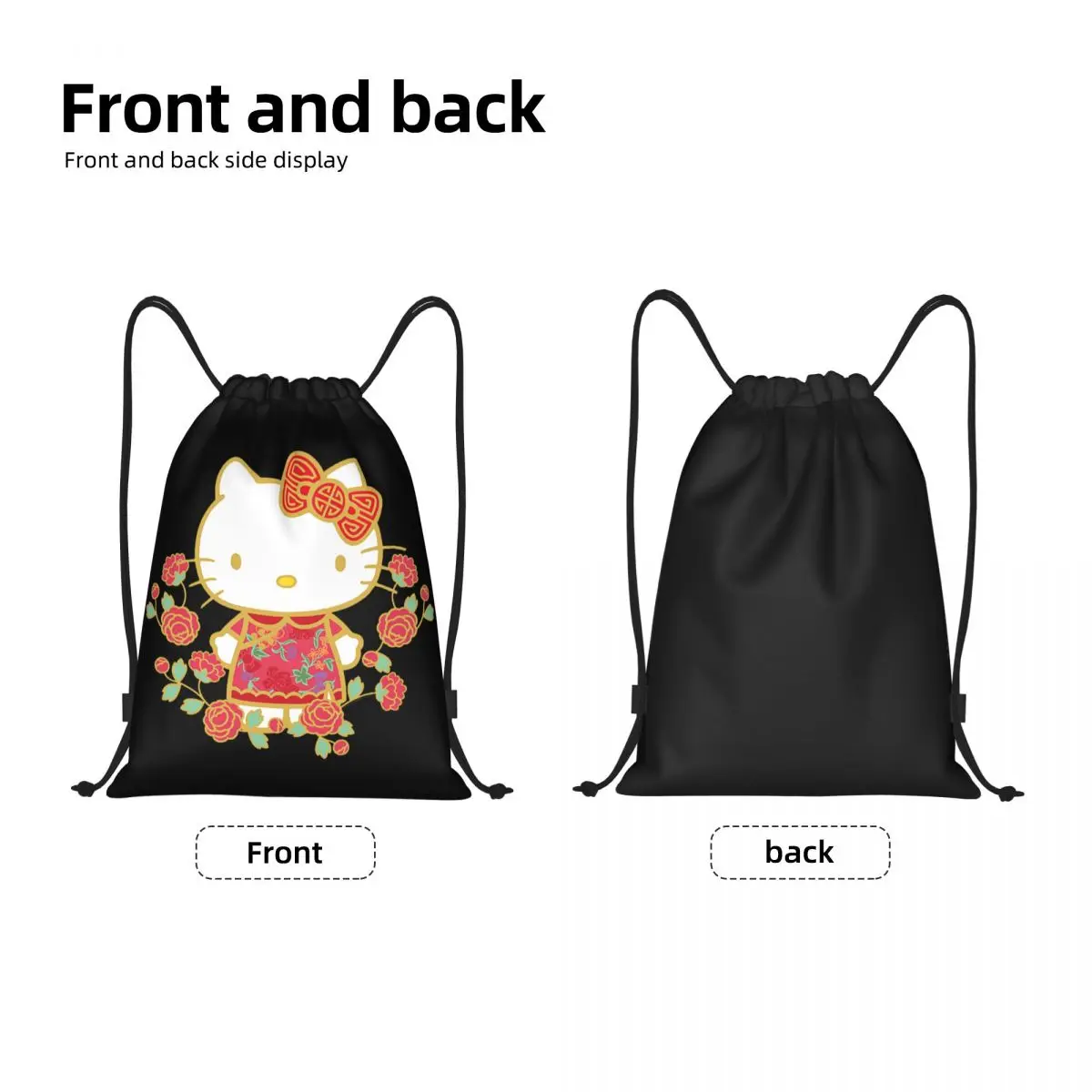 Custom Hello Kitty Happy New Year Drawstring Bag Women Men Foldable Gym Sports Sackpack Shopping Backpacks