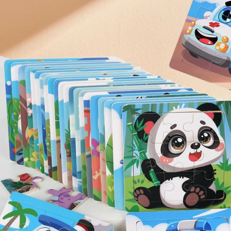 11cm Drewniane Puzzle dla Dzieci Gry Układanki Kreskówkowe Zwierzęta Pojazdy Wzory Drewniane Puzzle 3D Montessori Zabawki Edukacyjne