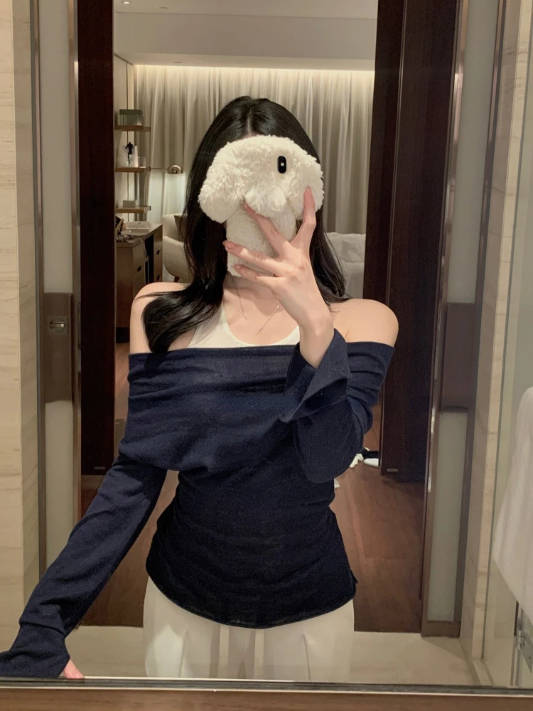 Autumn Knitted Tshirts Korean Fashion Chic 2000s Vintage Y2k Clothing Long Sleeve Sexy Slim Pure Color Pullover Shirt Female