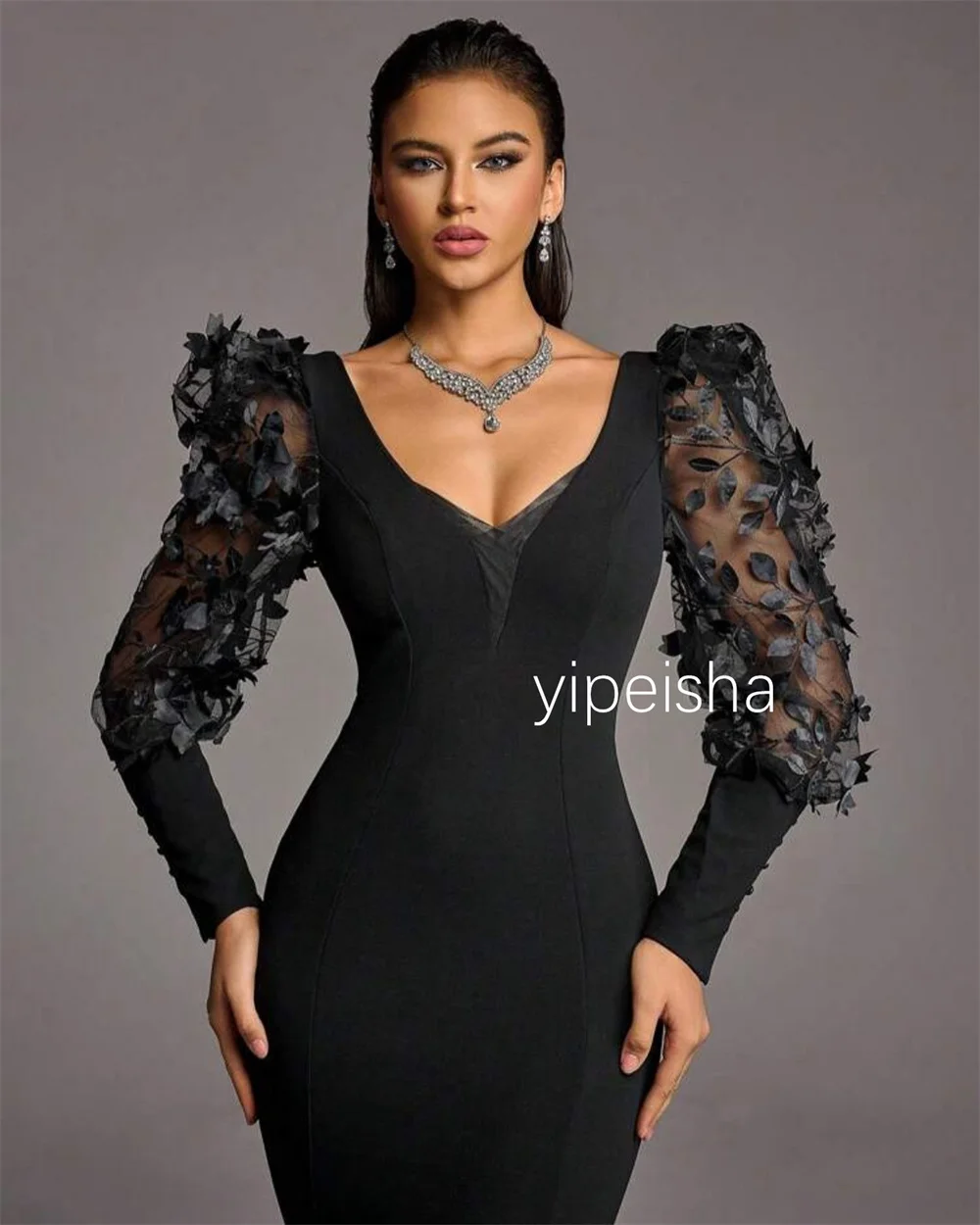 Customized High Quality Jersey Applique Trumpet V-neck Long Dresses Prom Dresses Formal Chinese Style Pastrol Exquisite Classic