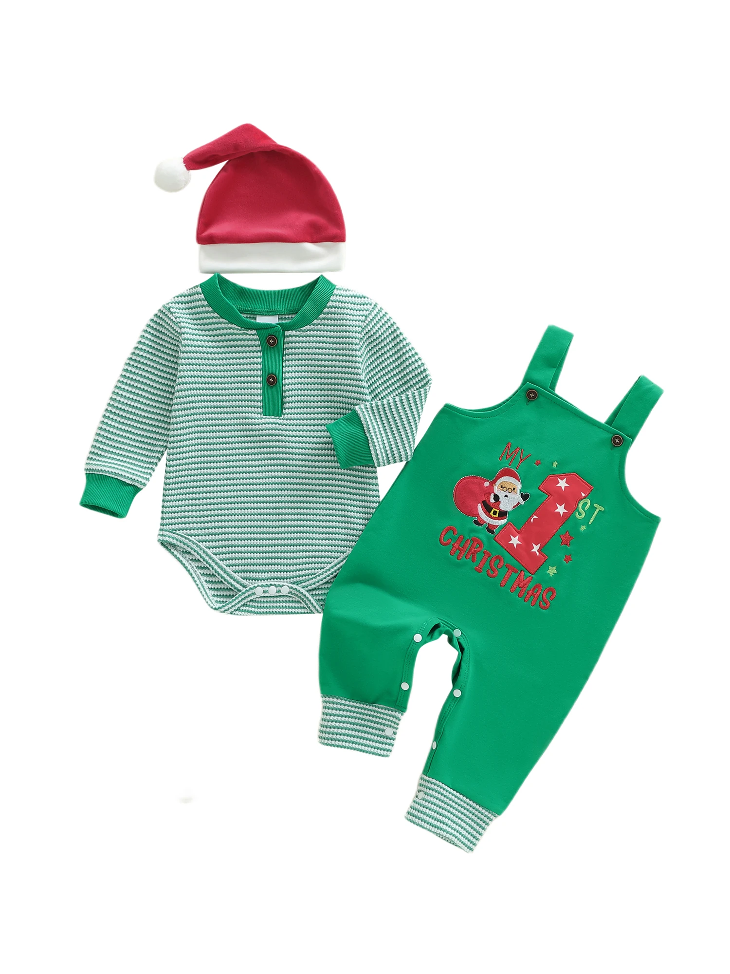 Adorable Christmas Kids 3 Piece Set with Festive Long Sleeve Striped Jumpsuit Santa Letter Print Overalls and Matching Hat