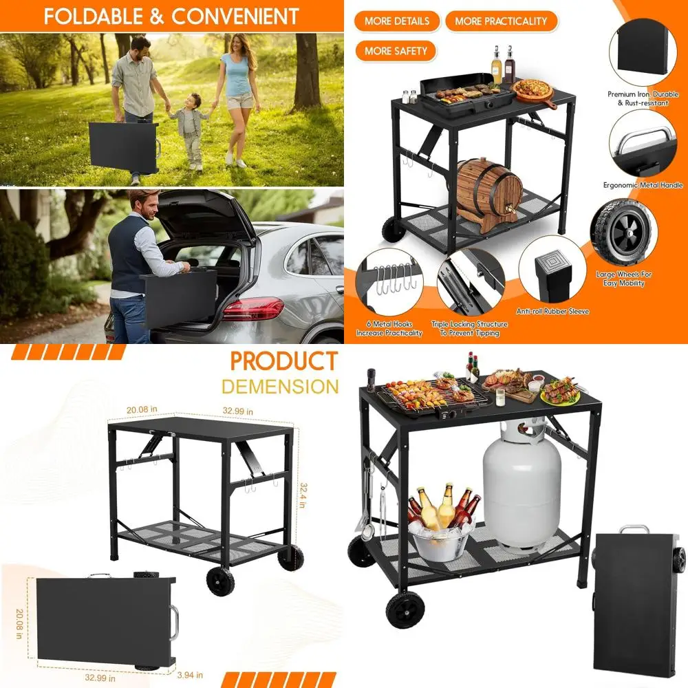 

Foldable Outdoor Pizza Oven Stand Table - Portable Dining Cart for BBQ, Indoor, Kitchen Use, Black with Silver Handle