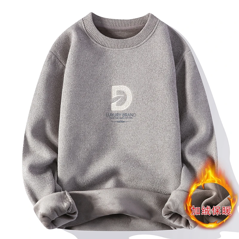 Men's Autumn and Winter Fleece Thickened Sweater Crew-neck Long-sleeved Monogram Printed Knit Jumper