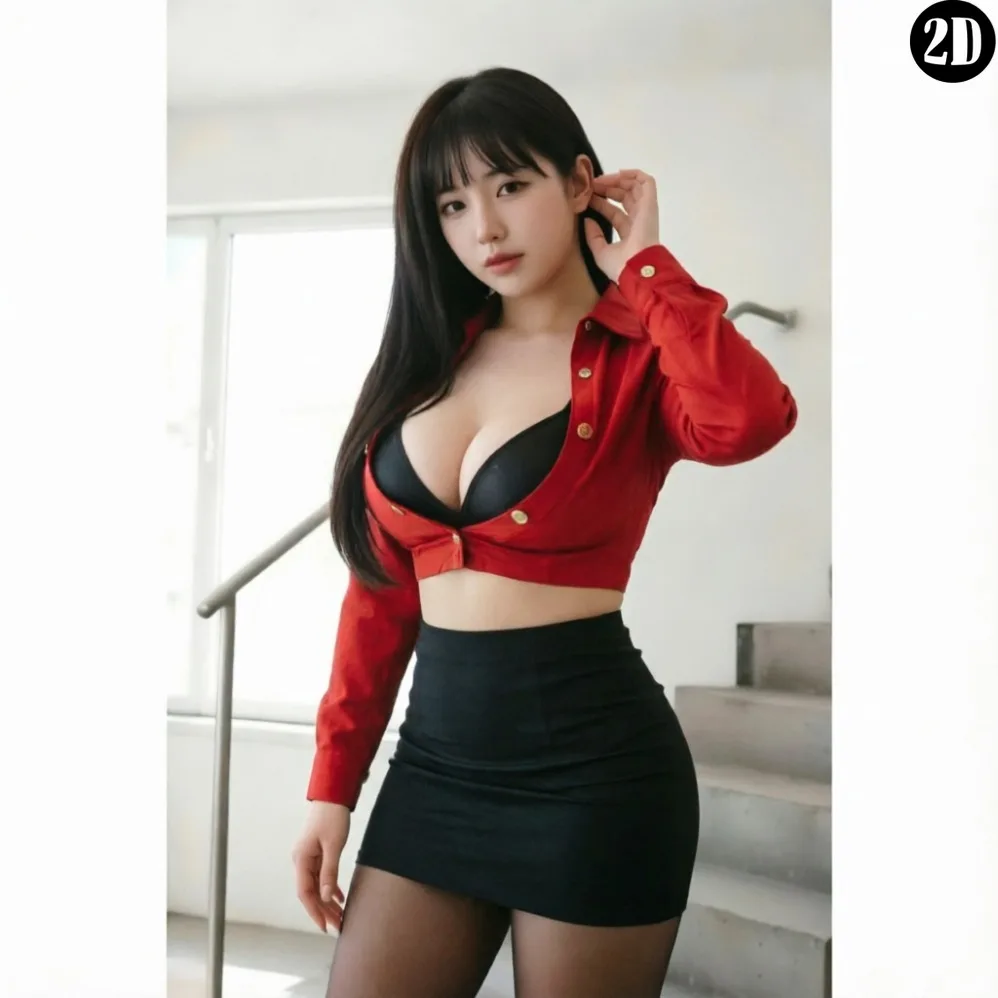 Metall-Blechschild, asiatisches Mädchen in rotem Crop-Shirt und schwarzem Rock, Treppenscène