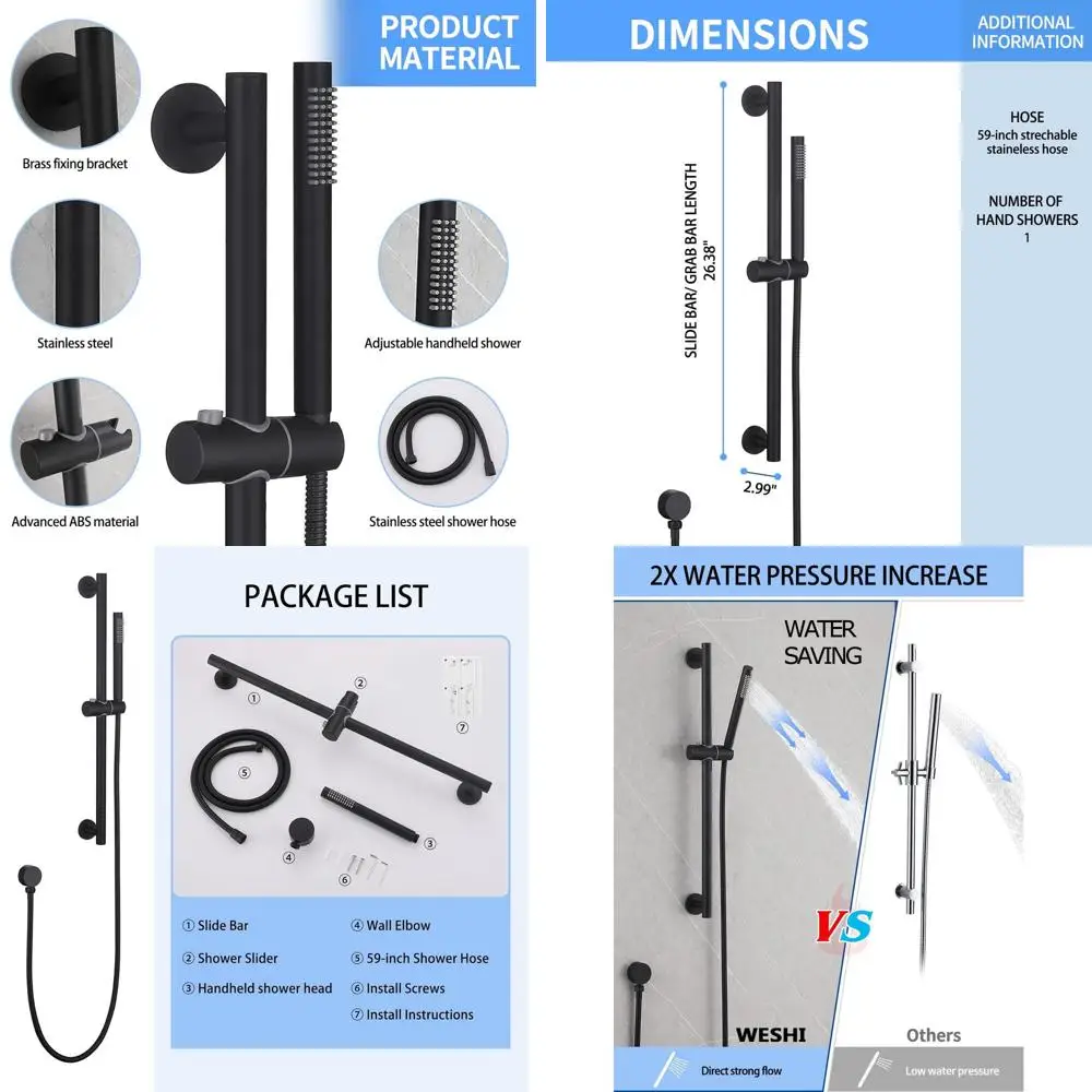 

Adjustable High-Pressure Matte Black Handheld Shower Head with 59 Stainless Steel Hose
