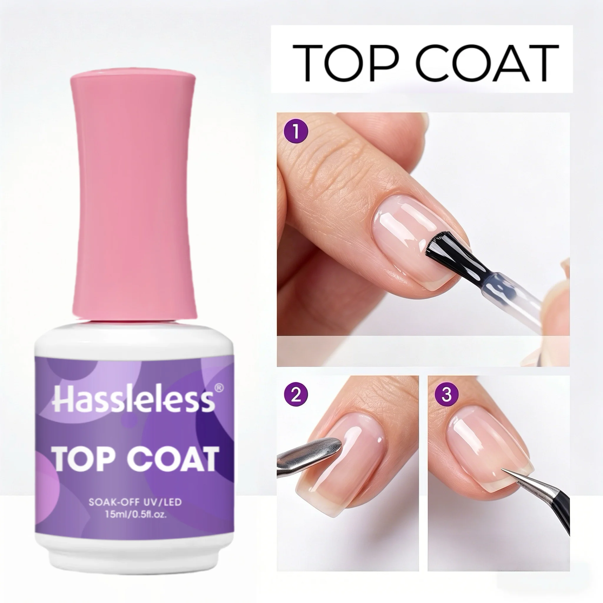 

Hassleless Top Coat Gel (15ml glass bottle), scratch-resistant, high-gloss, long-lasting, suitable for salon and home use. LED l