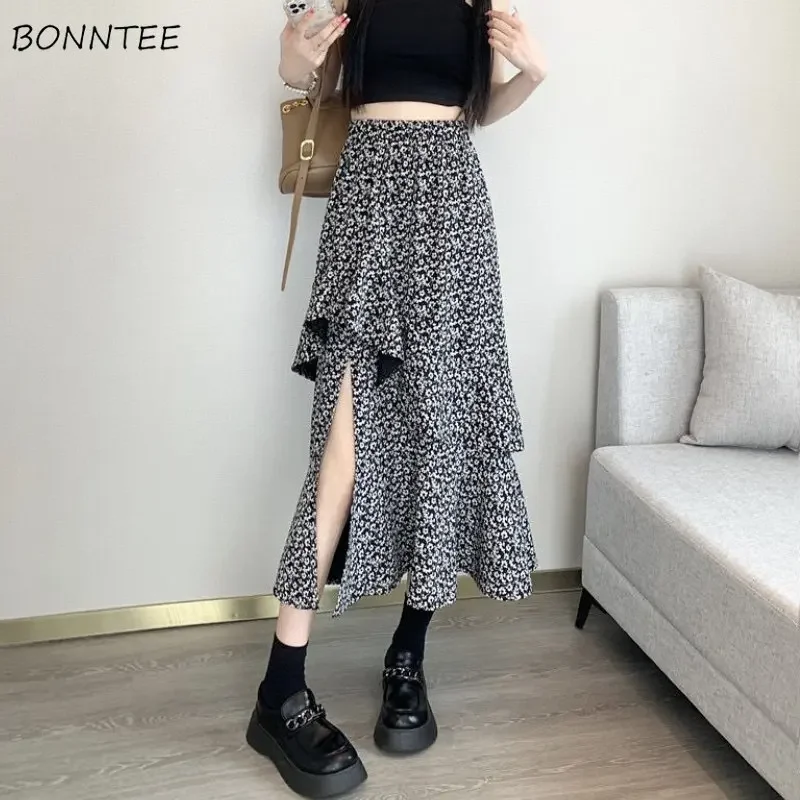 

Midi Side Slit Skirts Women A-line Floral Vintage Aesthetics High Waisted Ladies Korean Fashion Faldas Largas Irregular Soft New