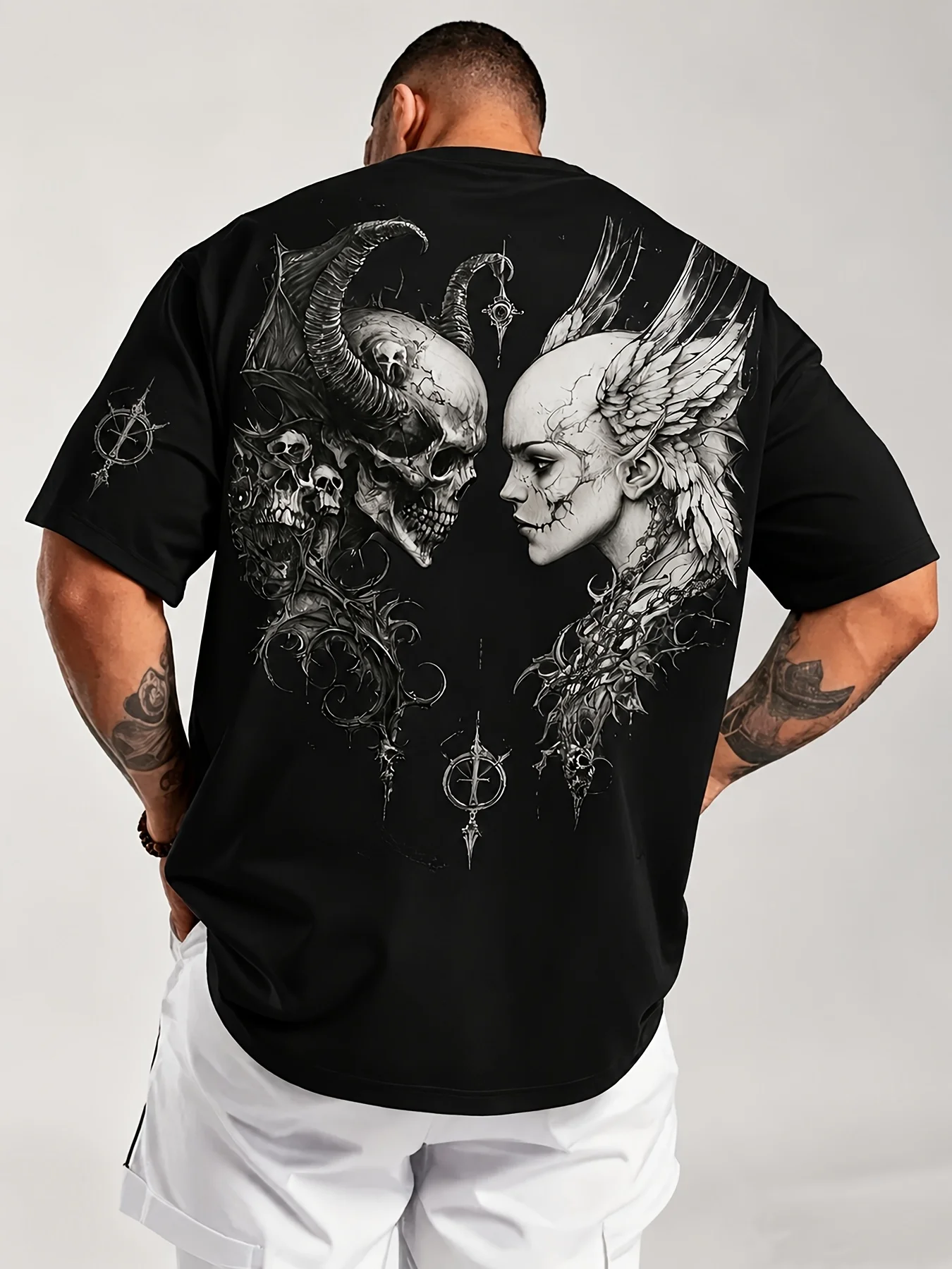 Men's Gothic Demon Skull Angel Lady Back Print T-Shirt Wine Red Dark Fantasy Crew Neck Oversized Top