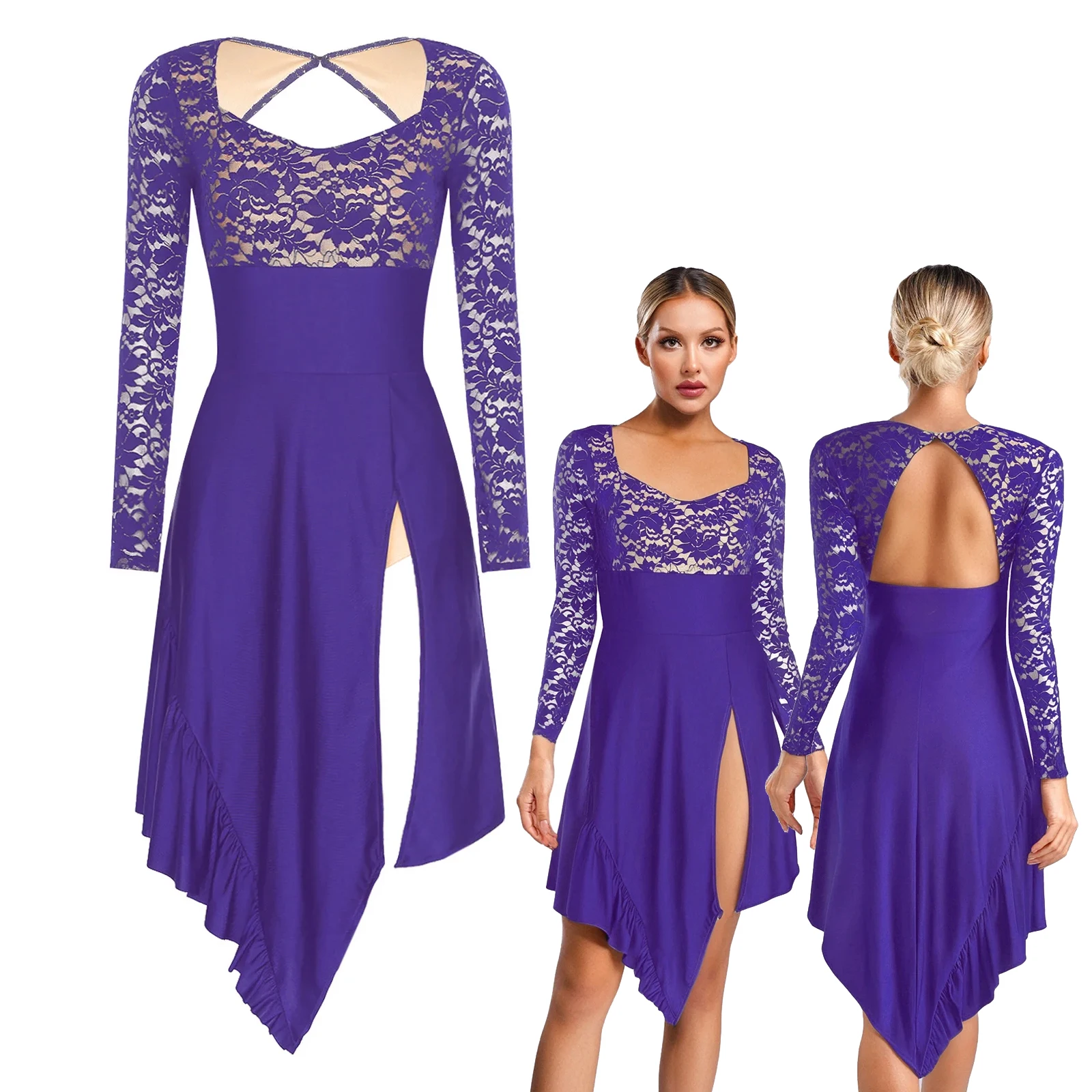 

Womens Modern Lyrical Dance Dress Ballet Gymnastics Performance Dancewear Floral Lace Long Sleeve Ruffled Trim Leotard Dresses