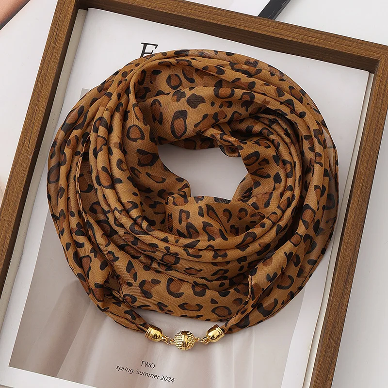 Leopard Print Magnetic Buckle Scarf for Women Versatile Square Thin Silk Scarf Angled Decoration Scarf Quick Easy Wear 63CM