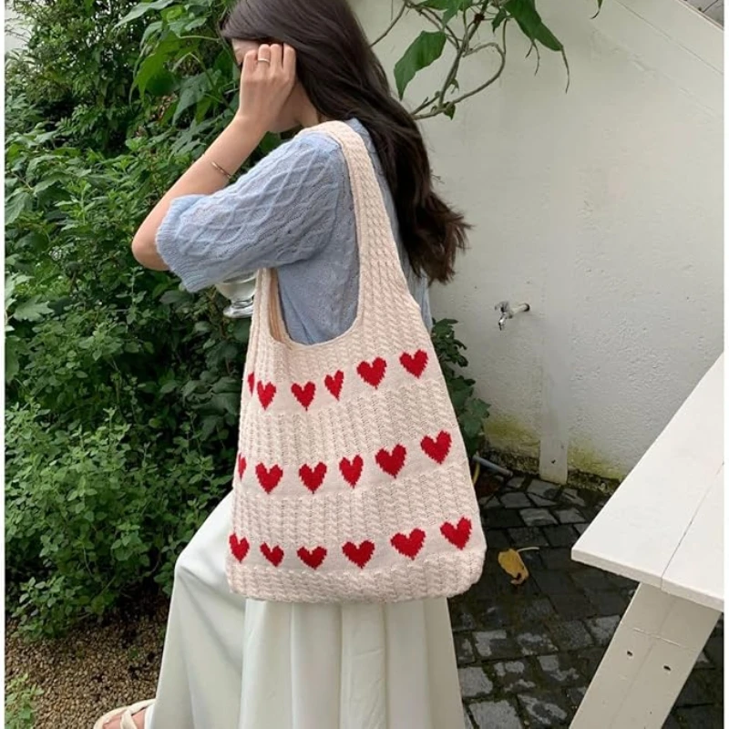 Heart Pattern Color Blocking Crochet Women Handbag Shoulder Bag Large Capacity Mesh Beach Hobo Bag Versatile Commute Bag Girls