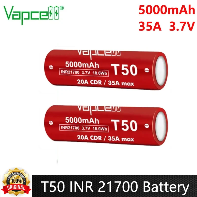 

Original Vapcell T50 INR21700 Battery 5000mah CDR 20A Max 35A 3.7V High-power Rechargeable Li ion Battery For VapeMod Toys UAV