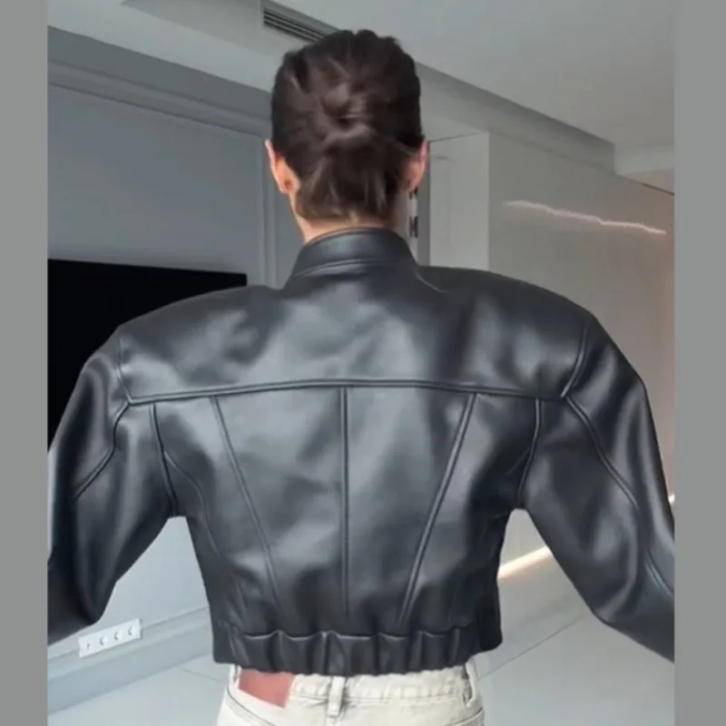 Street PU Leather Jacket Women Casual Stand Long Sleeve Single Breasted Short Coats 2025 Autumn New Black Loose Women Outerwears