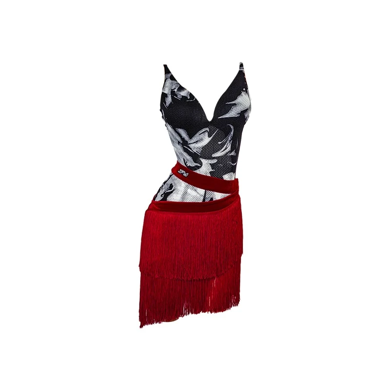 Latin Danskostuums Competitie Outfits Vrouwen Print V-hals Jumpsuit Rode Fringe Rok Dansvoorstelling Kleding Dragen DN21373