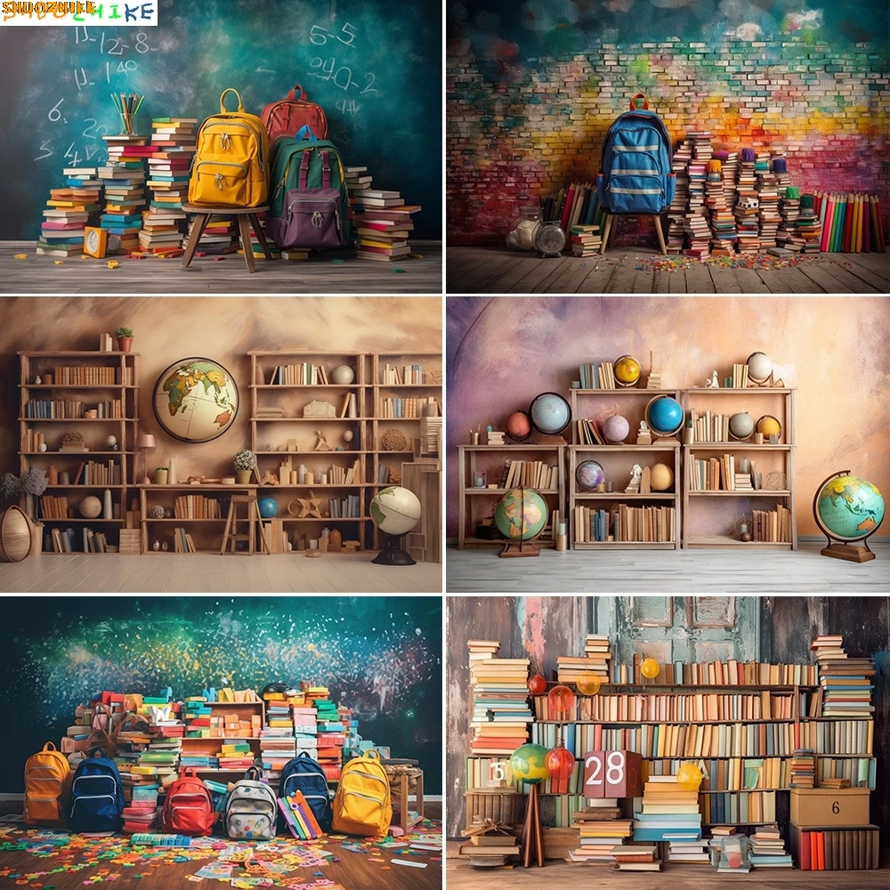 

Back To School Photography Backdrop Bookshelf Books Desk Students Graduation Party Banner Photocall Background for Photo Studio