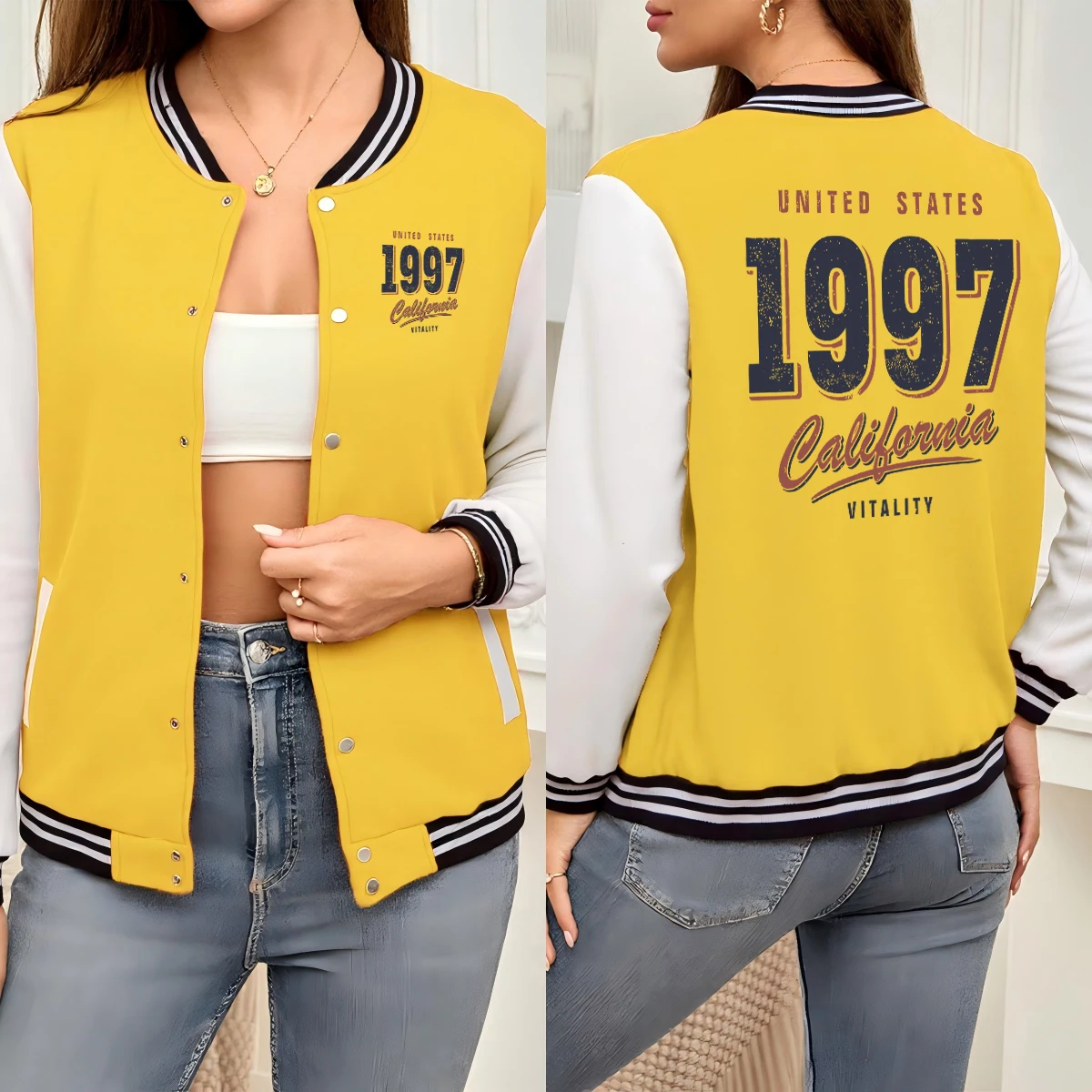 

Usa California Vitality Number 1997 Pattern Women Jacket Autumn Casual Jackets Soft Sport Top Breathable Crewneck Veste