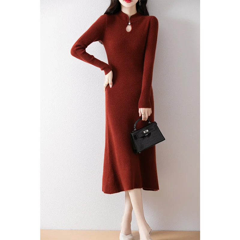 New Chinese Style Buckle 100% Wool Skirt Women\'s Autumn And Winter New Long-Sleeved Knit Dress Slim Long Slim Bottoming Dress