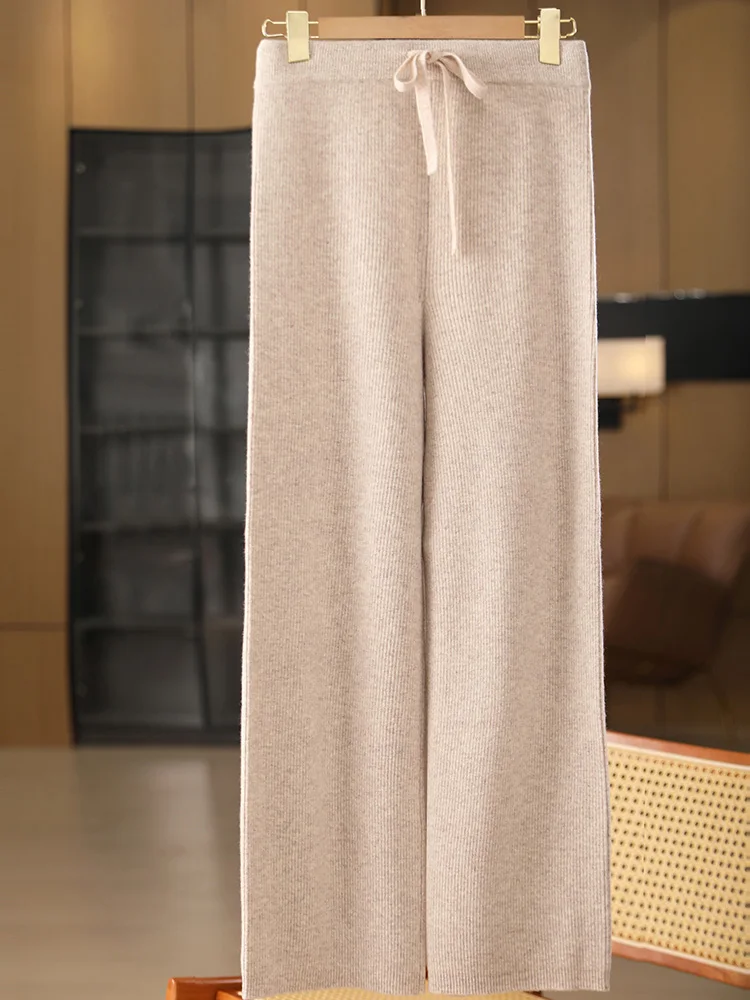 

New Chic Women Wool Wide Leg Pants Autumn Winter Soft Warm Casual Pants 100% Merino Wool Trousers Elastic Waist Cashmere Pants