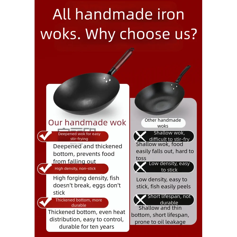 1PC Iron Wok 30CM, 32CM, 34CM, 36CM Home-use Uncoated Non-Cast Iron Wok For Home-based Stir-fry Cooking Tools Cookware Pans