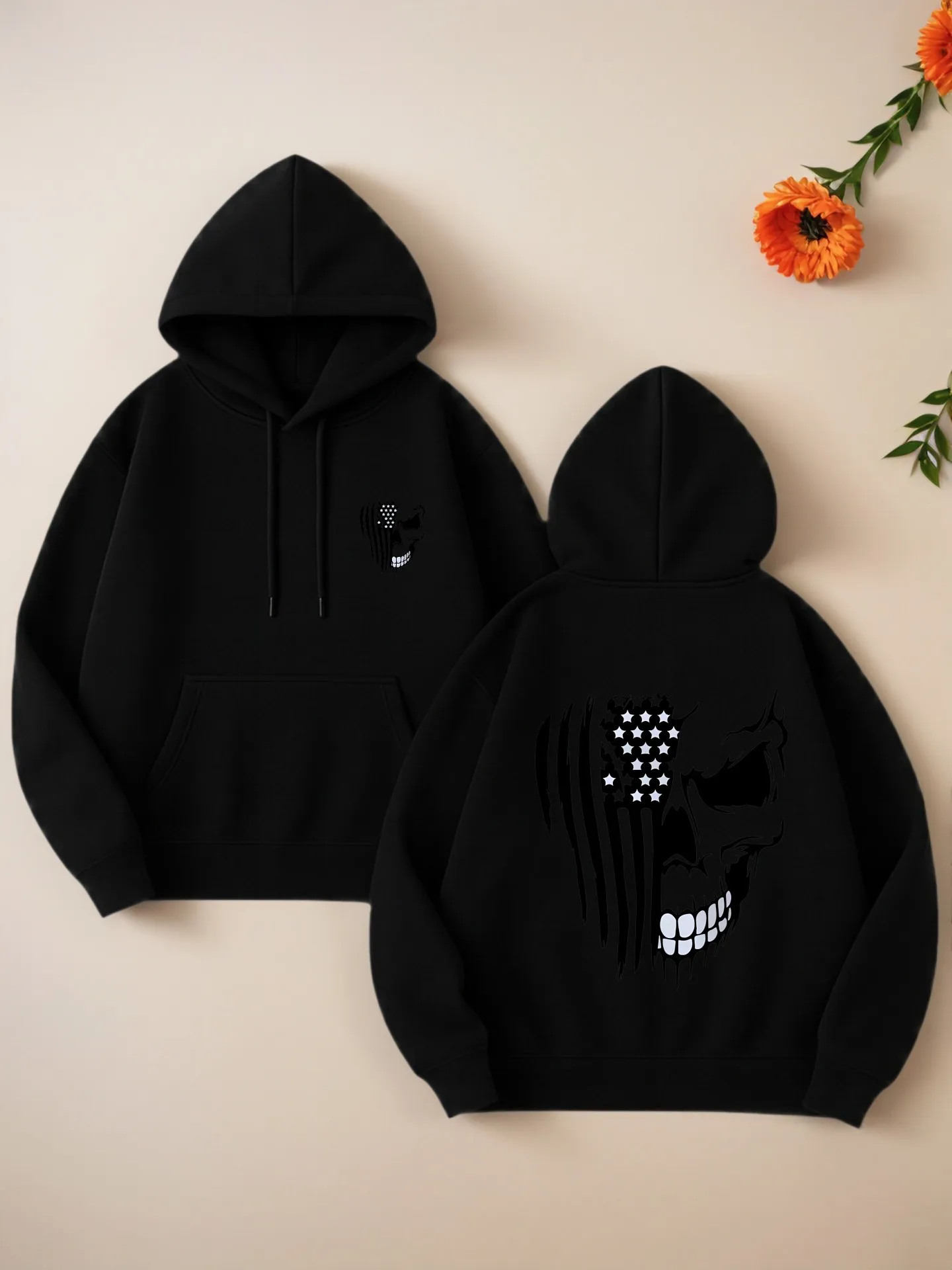 Sudadera con capucha gráfica para mujer, estampado de calavera y bandera americana, estética streetwear, tela suave, uso diario informal, para hombres jóvenes