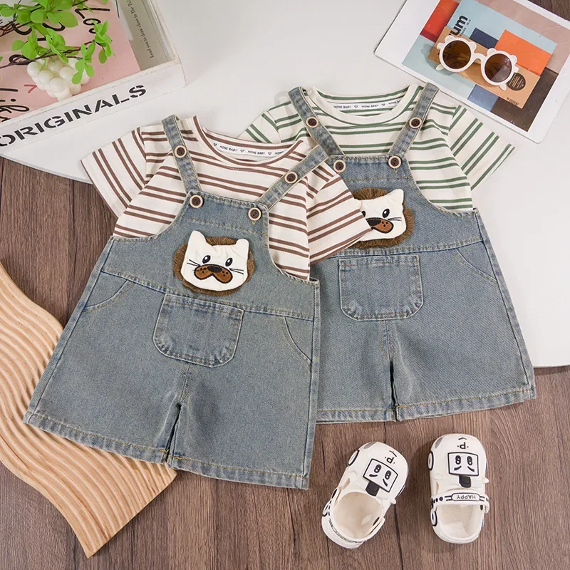

New Summer Baby Boys Clothes Children T-Shirt Overalls 2Pcs/Set Kids Girls Clothing Toddler Striped Costume Infant Tracksuits