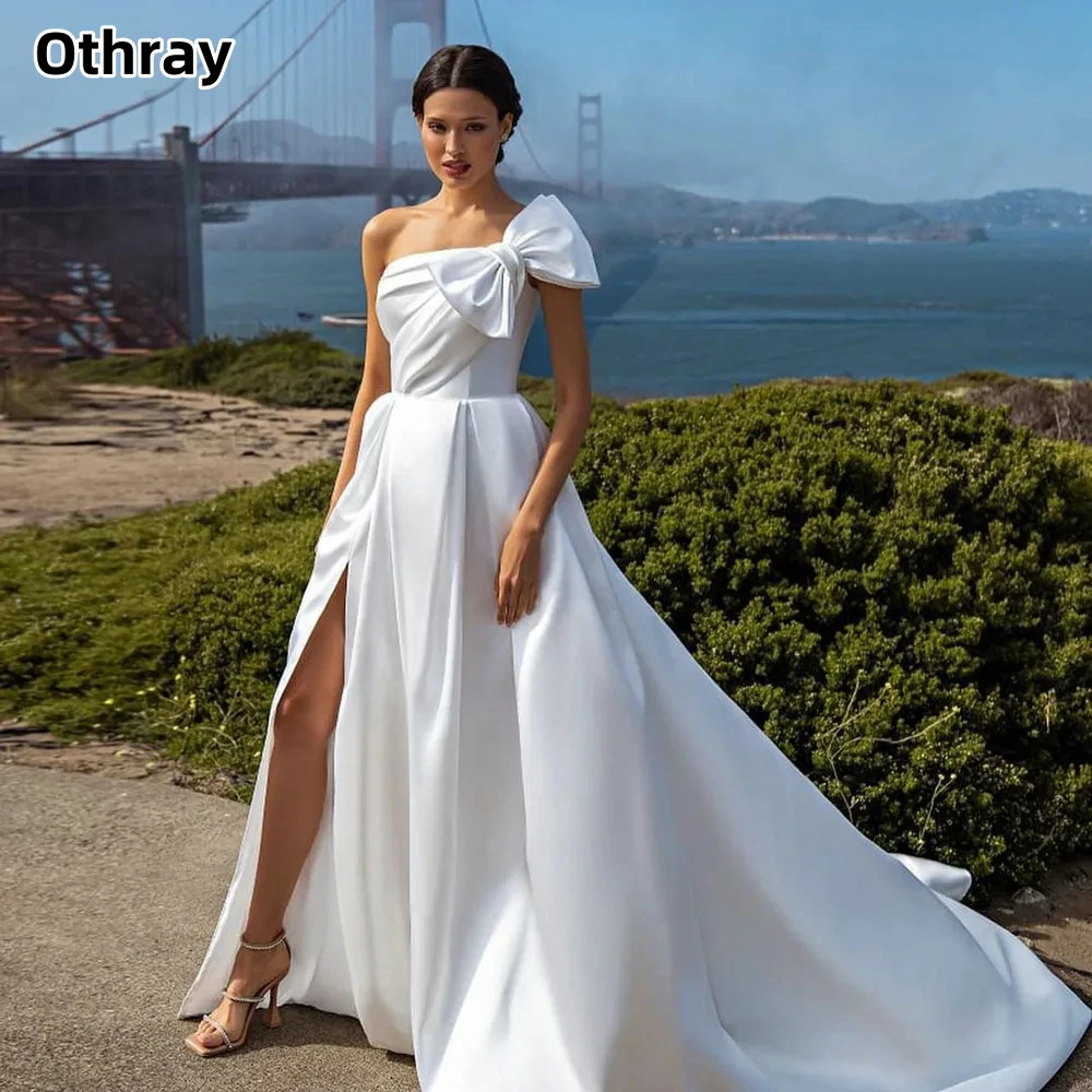 

Othray One Shoulder Bow Satin Slit A-line Wedding Dresses Detachable Tiered Tulle Train Bride Women Gowns vestido de noiva