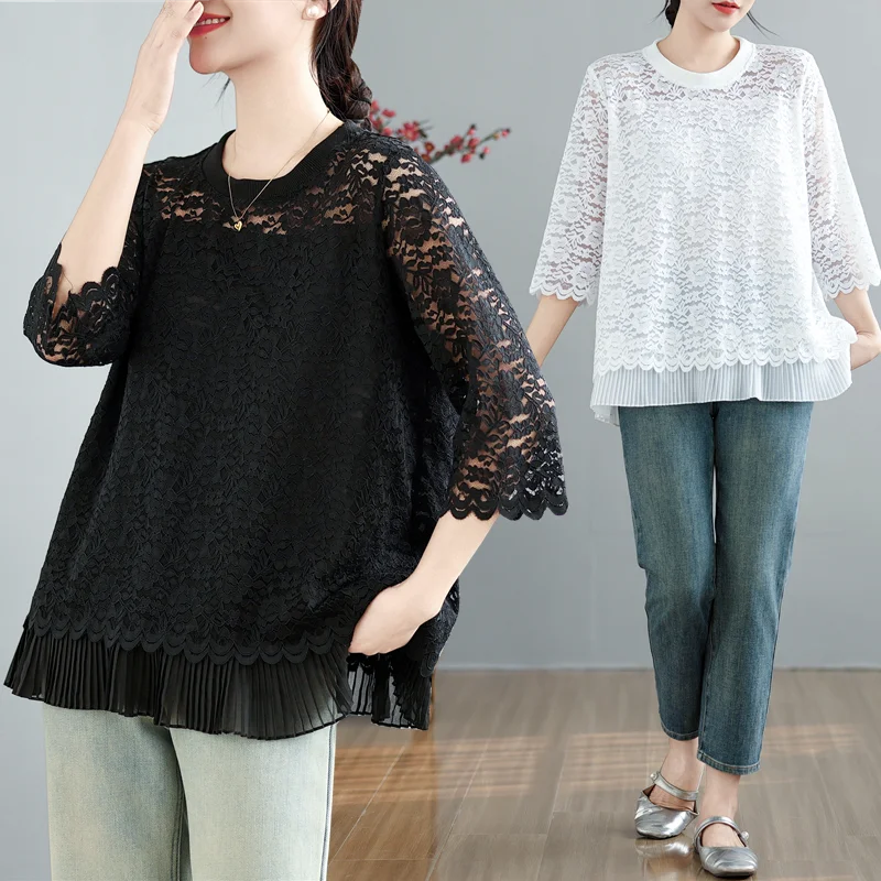 

Женская кружевная шифоновая блузка с вырезами, рукавом три четверти, весна-лето, новая коллекция, приталенная, свободного кроя, базовый слой