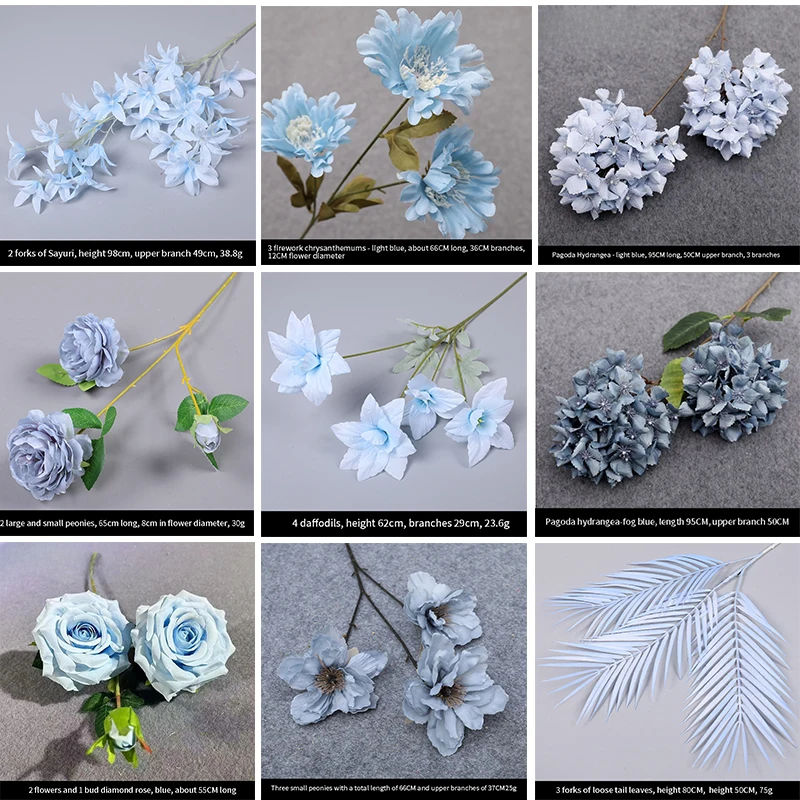 Composizione floreale artificiale per matrimonio blu, fiori decorativi, fiori di seta