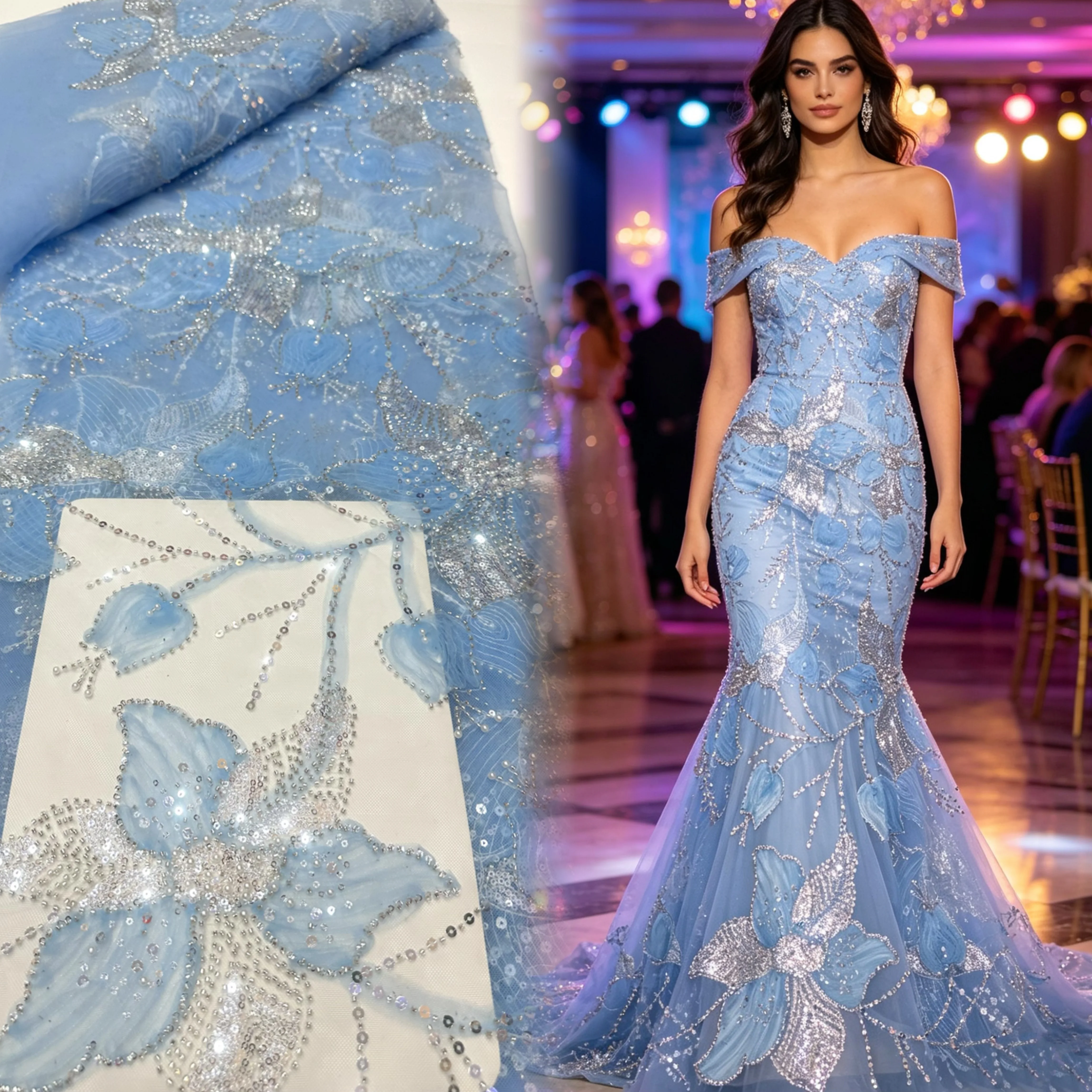 3D Flower African Beaded Lace Fabric Sequins Mesh Tulle for Wedding Party Evening Gowns Sewing Nigeria France Style Dresses