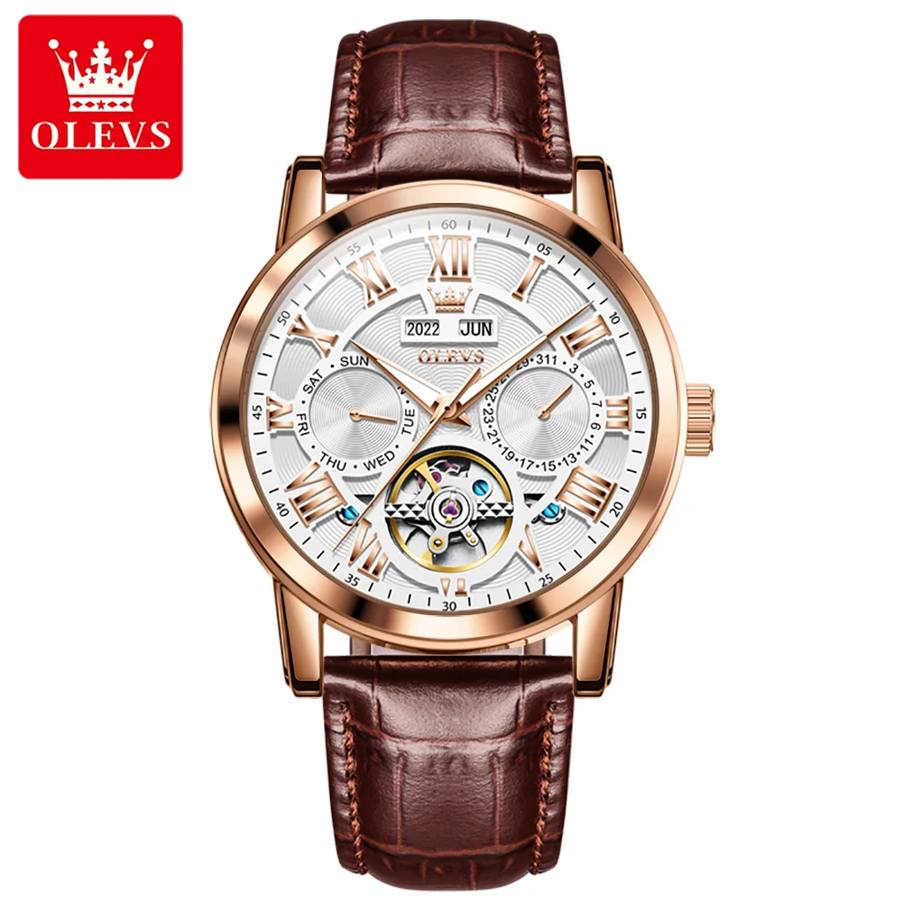 

2023 New OLEVS Moon Phase Watch Mechanical Automatic Tourbillon Watches Mens Business Water Resistant Male Wristwatch 42mm dial