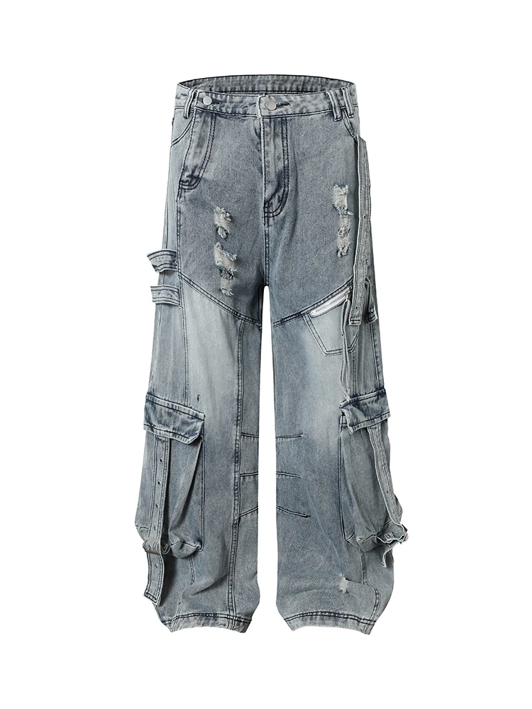 

Retro American High Street Heavy Duty Multi Pocket Ripped Belt Design Loose Straight Leg Wide Leg Jeans for Men And Women