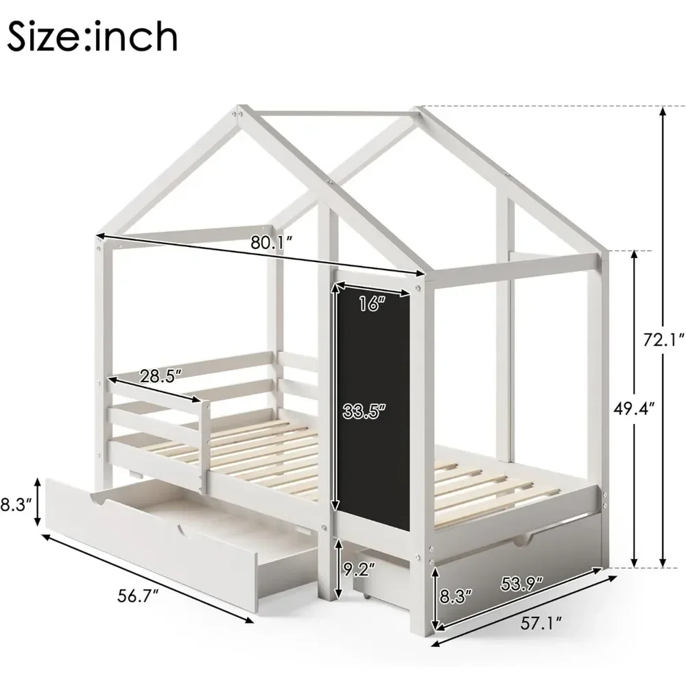 Full Size with Storage Drawers for Kid Bedroom,Solid Wood w/Blackboard Design,Super Save Space & No Box Spring Needed, White