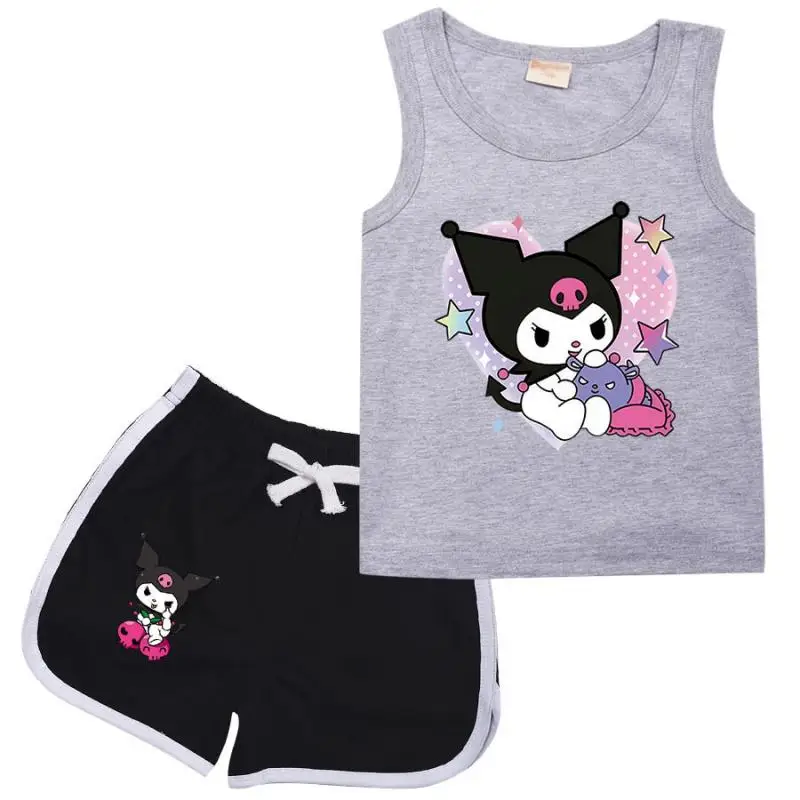 Sanrios Kids Fashion Suit Cartoon Kuromi Girls Short Sleeve Shorts Two-Piece Set Cartoon Cotton T-Shirt Summer Casual Sportswear