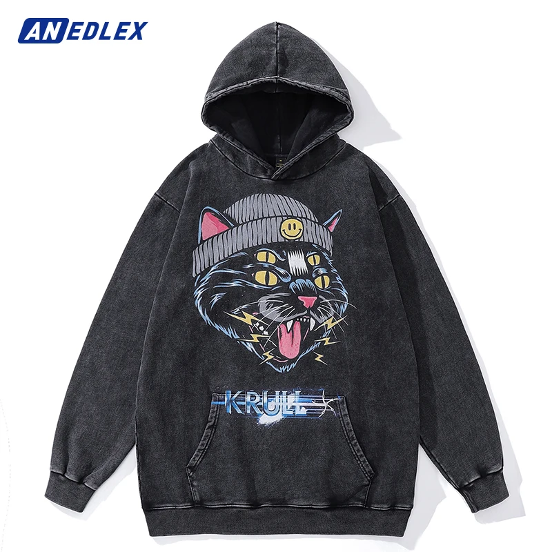 

Men Vintage Black Hoodie Sweatshirt Fashion Streetwear Hip Hop Evil Cat Graphic Print Hooded Pullover Harajuku Cotton Hoodie