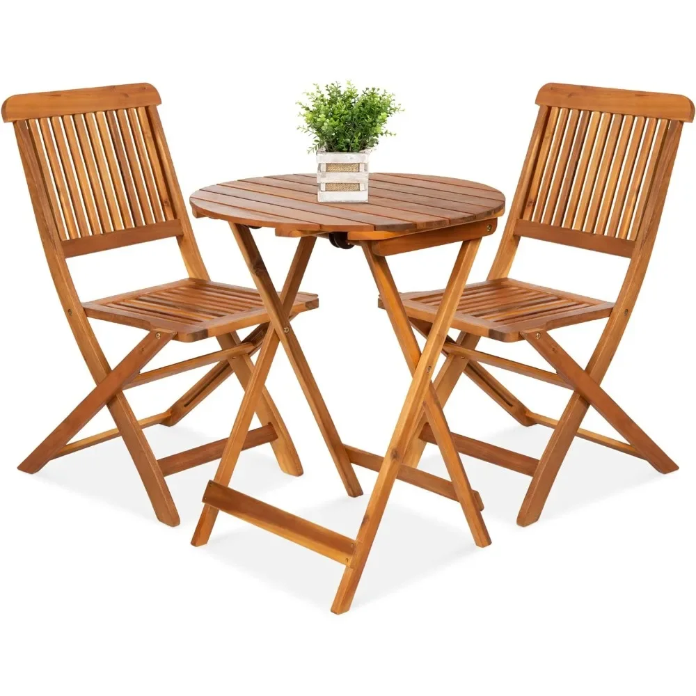 3-Piece Acacia Wood Bistro Set Dining Room Sets Folding Patio Furniture for Backyard Round Coffee Table Couch Deck W/ 2 Chairs