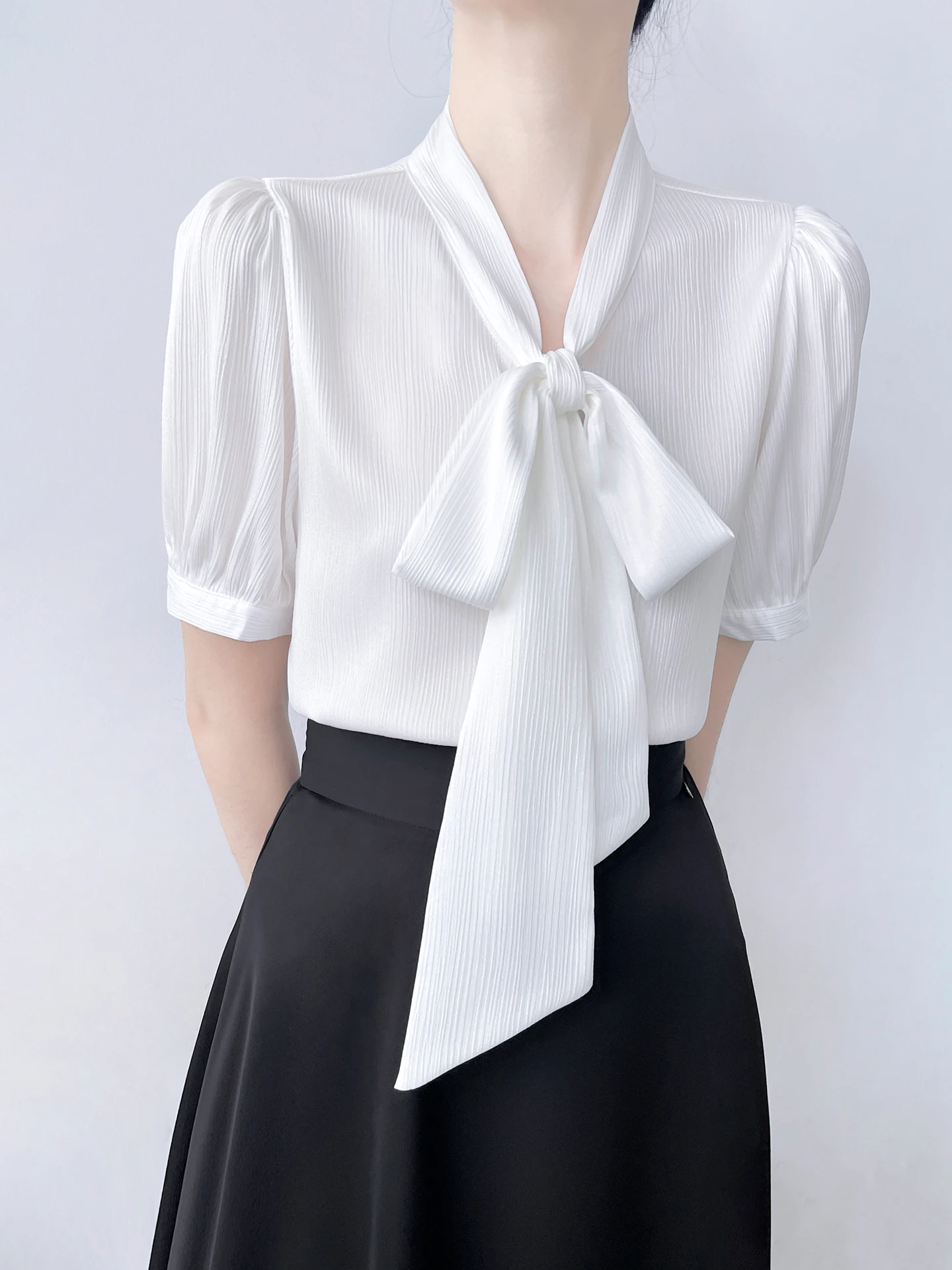 Korean Style Commute White Short Sleeve Silk Texture Women's Shirt Summer New  Knot Sash Loose Fit Breathable Top