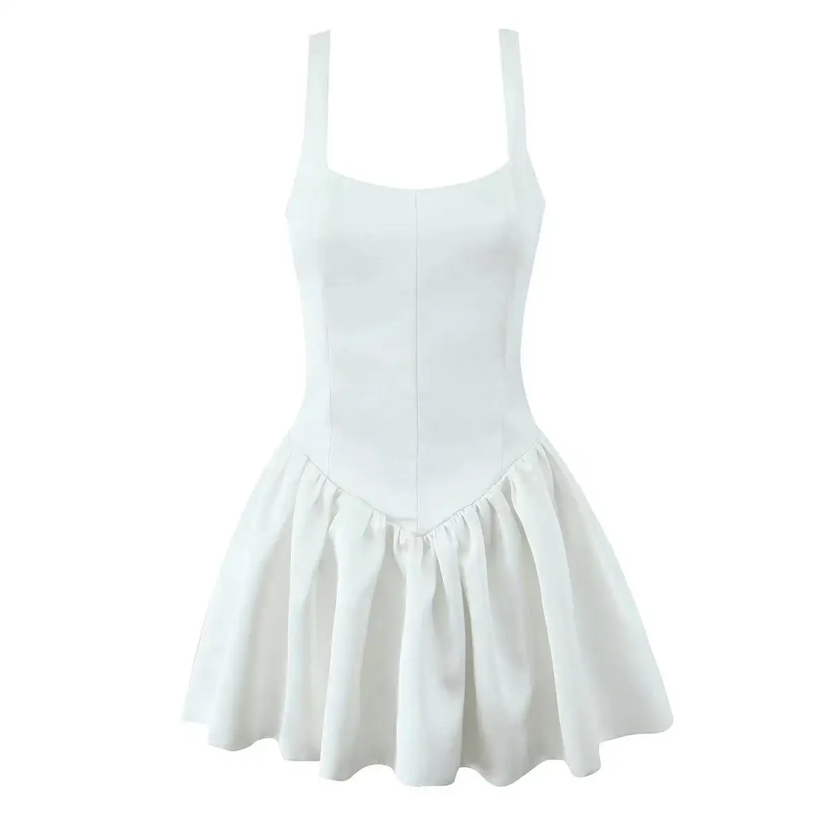 فستان جديد للنساء بتصميم خريف وشتاء، ياقة مربعة، خصر مخصر، قصير بدون أكمام، تنورة على شكل A عالية الخصر.