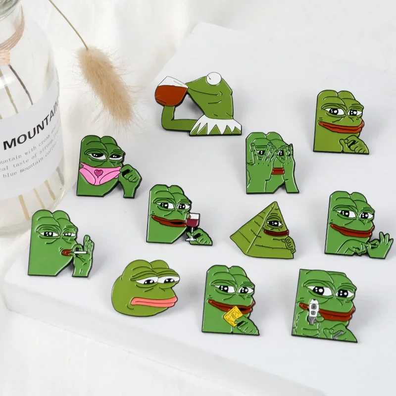 Cartoon Pepe The Frog Meme Enamel Pins Shooting Pyramid Thinking Drinking Animal Brooch Bag Badge Jewelry Gift for Kids Friends