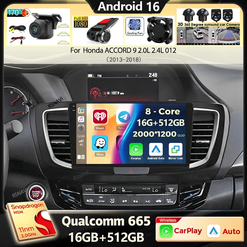 Radio para Auto con Android 16 y Carplay para Honda ACCORD 9 2.0L 2.4L 012 2013-2015 2016-2018 Reproductor Multimedia 2Din con GPS y Navegación Estéreo