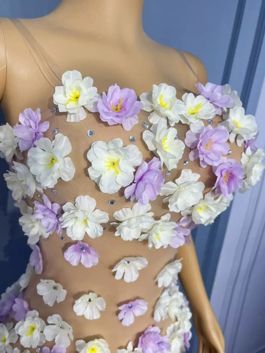 Zitanhua Sen Style Strapless Dress Sexy Perspective Mesh 3D Flower Dress Performance Celebrity Red Carpet Photography Costume