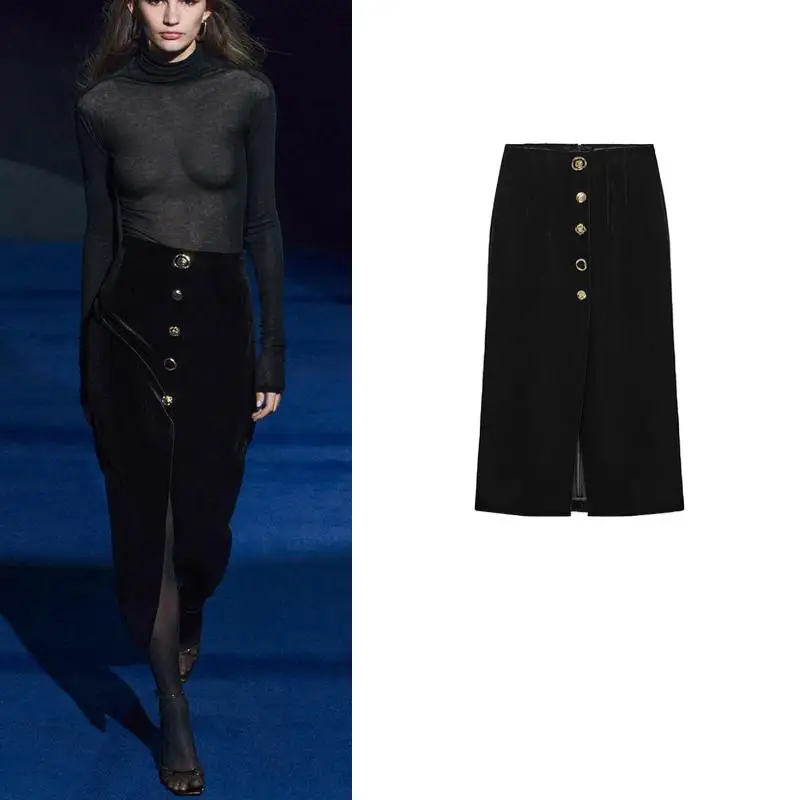 

High Waist Velvet Straight Leg Skirt New Autumn Winter Women's Faion Slimming Vintage Sle Commute A-Line Skirt