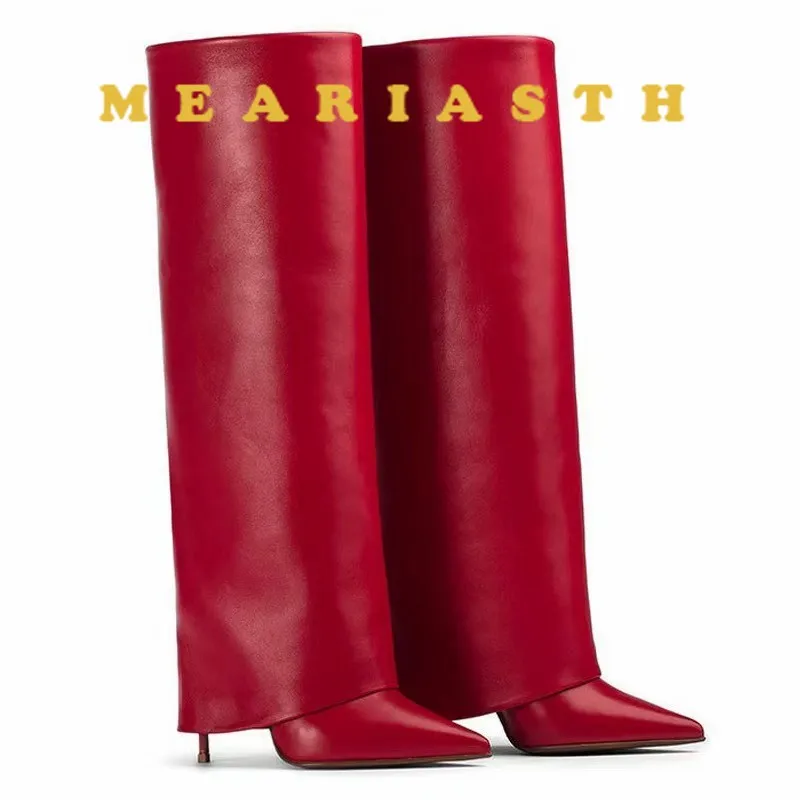 

Зимние ботинки на высоком каблуке с перевернутым краем, женские остроконечные ботинки до середины икры, универсальная обувь на шпильке 10 см в Европе и Америке, большие размеры