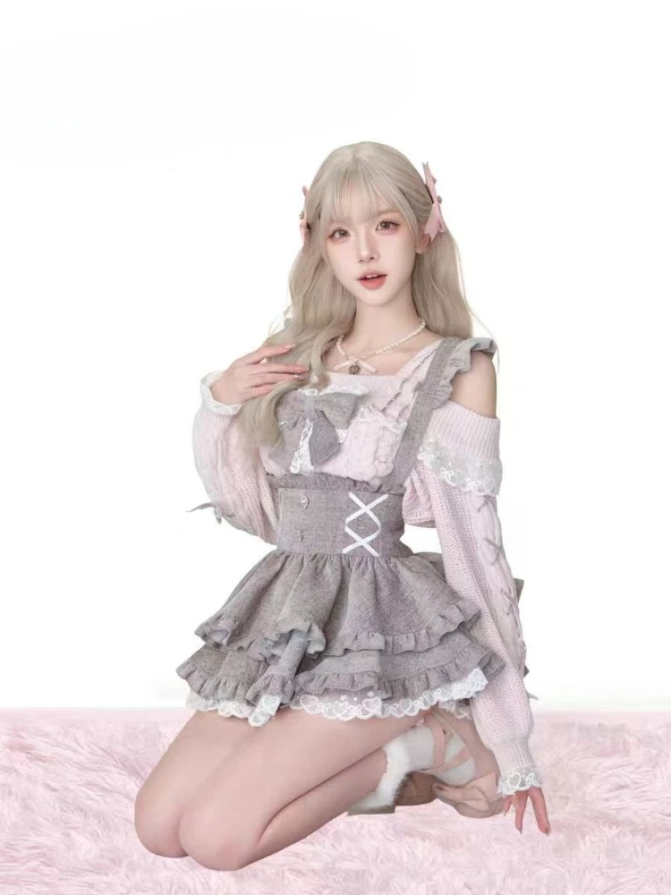 Зимние рождественские милые комплекты из трех предметов в японском стиле Лолиты, женский вязаный свитер + нечеткая плащ + юбка на бретелях, новые модные теплые милые костюмы