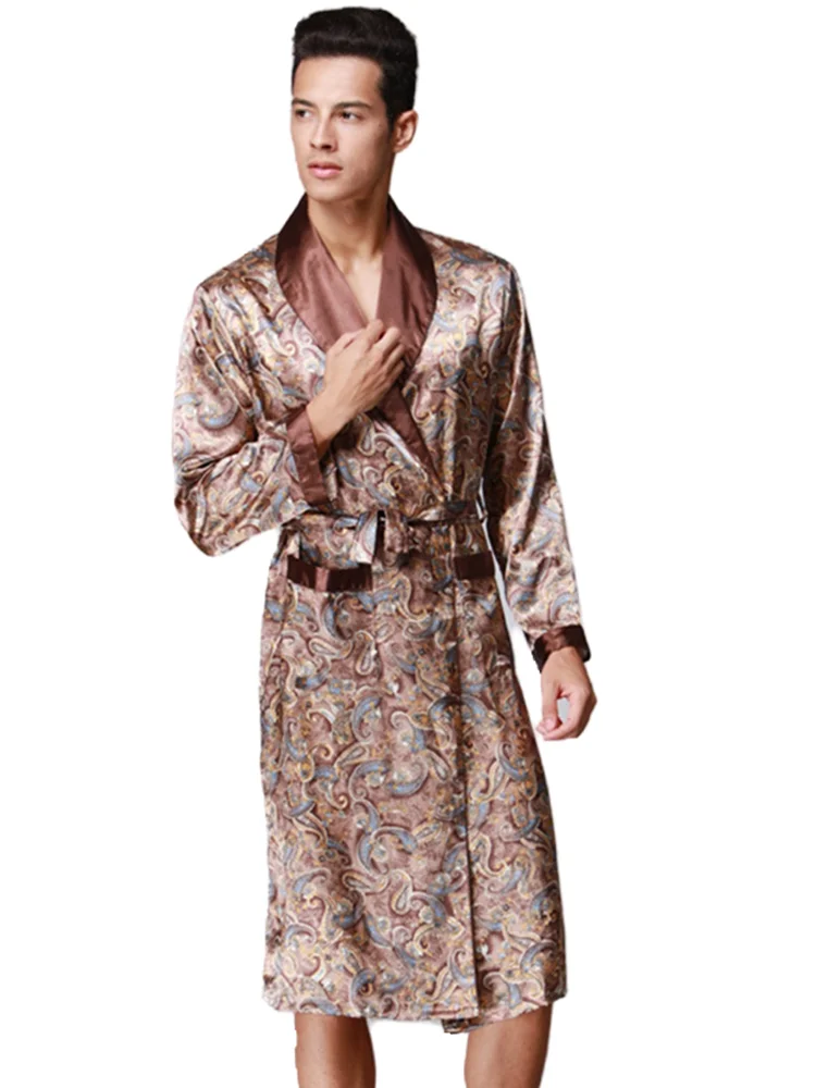 Men Kimono Robes V-neck Faux Silk Bathrobes Nightgown For Male Satin Sleepwear Summer Paisley Pattern Pajamas