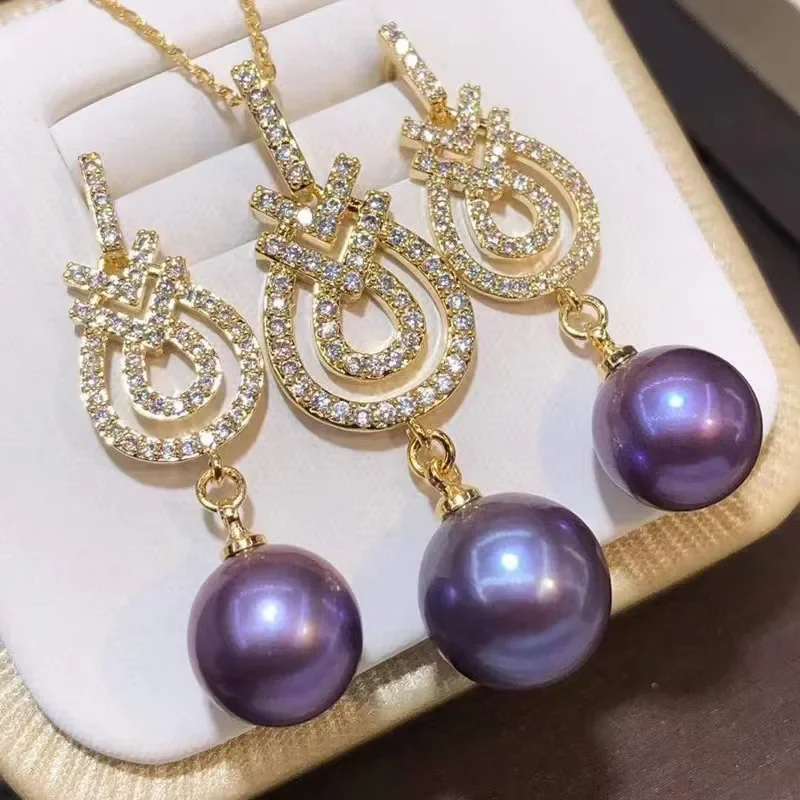 Luxury Set of Genuine Purple Round Pearl Pendant 12-13mm Earring 12mm Women Jewelry Wedding Party Gift 925 Sterling Silver 28AAA