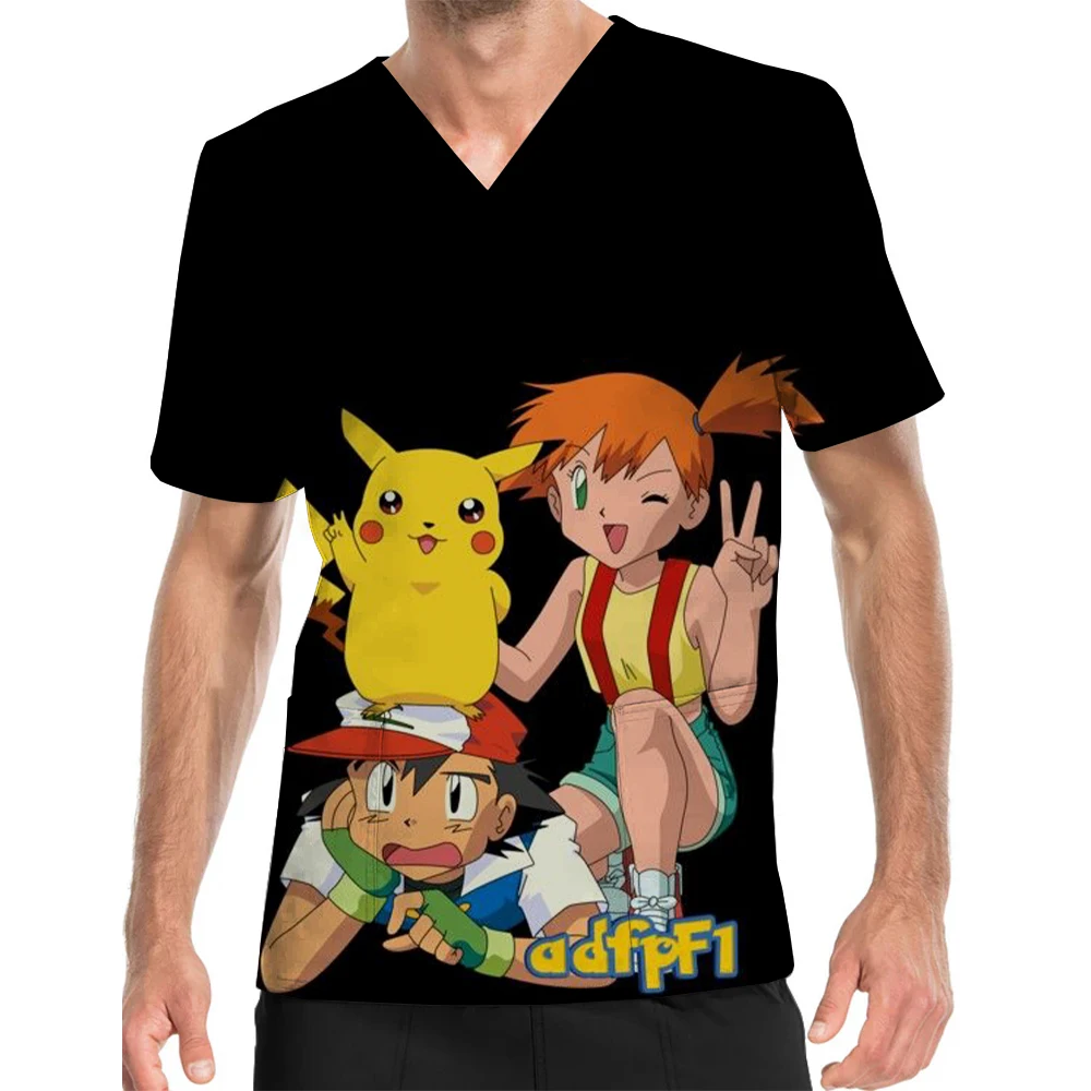 Kurzarm V-Ausschnitt Druck Peeling Top Pokemon Print Veterinär klinische Uniform Kinder zentrum Pflegeheim Pflege kleidung