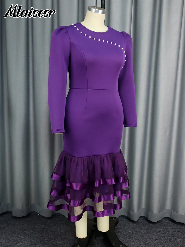 Mlaiscsr Elegant Purple Long Sleeve Mermaid Dresses O Neck Pearl Tierred Bodycon Weddingd Guest Evening Birthday Cocktail Party