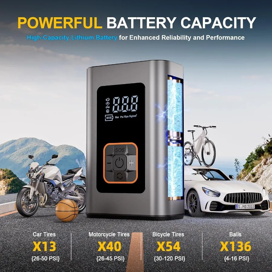 ضاغط هواء محمول لإطارات السيارات 6X منفاخ إطارات لاسلكي أسرع مع مقياس ضغط رقمي يصل إلى 180 رطل لكل بوصة مربعة مثالي للسيارات